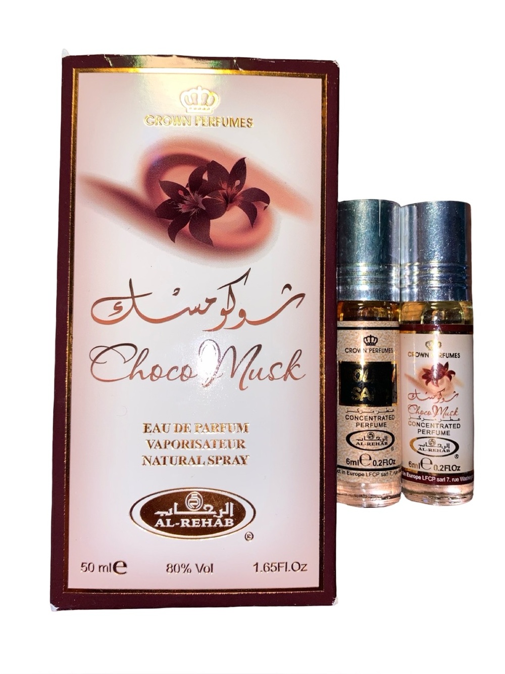 Al-Rehab Choco Musk EDP Spray + Roll On and Golden Sand Roll On Chocolate Sweet